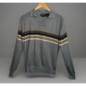 Vtg Knit Polo Sweater 70s 80s Gray Gold Burgandy Stripes Collar V Neck - Sz L